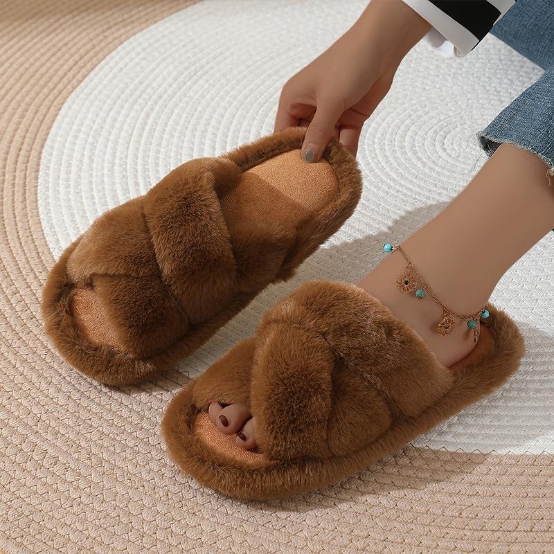 Autumn and Winter New Plush Slippers Women's Outer Wear Home Thick Bottom Large Size Cross Cotton Slippers