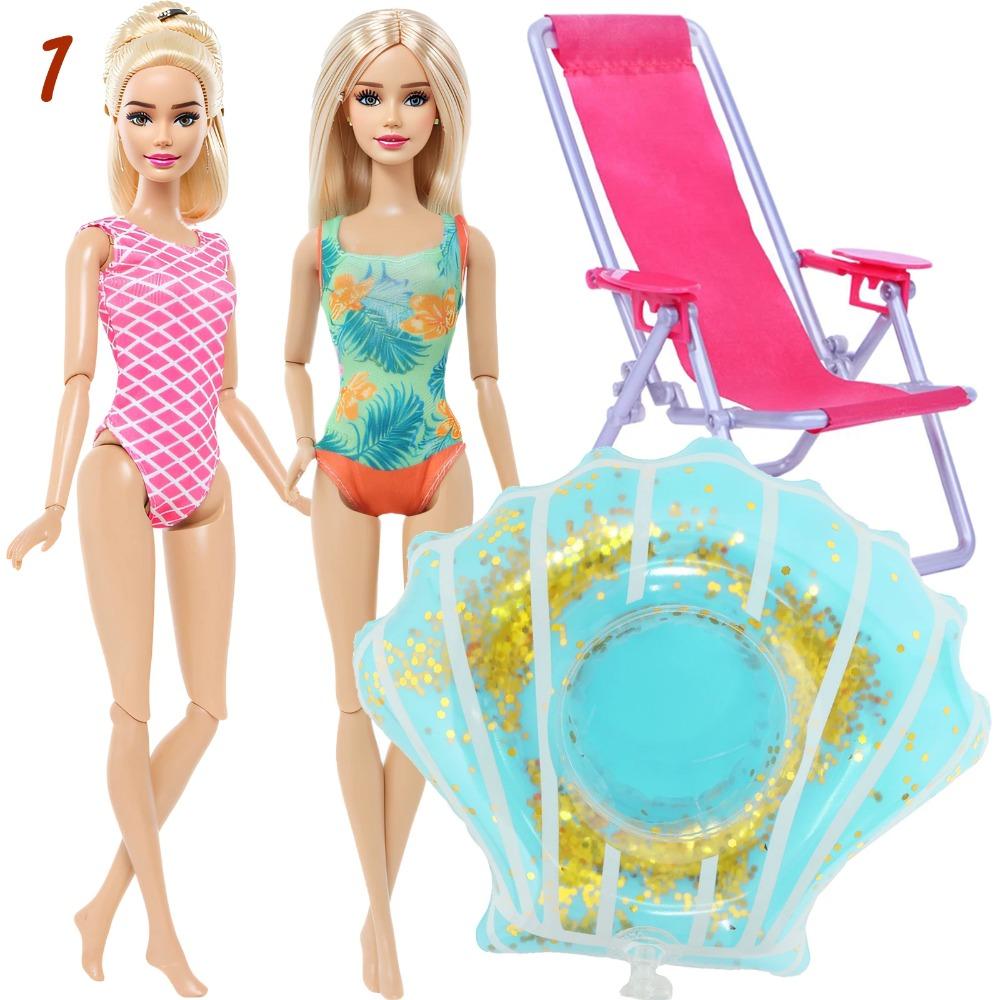 4 Przedmioty Akcesoria do Kostiumów Kąpielowych dla Lalki 2x Kostium Kąpielowy Bikini 1x Leżak Plażowy 1x Nadmuchiwany Koło do Pływania 30CM Ubranka dla Lalki 11,8 Calowa Zabawka Lalka