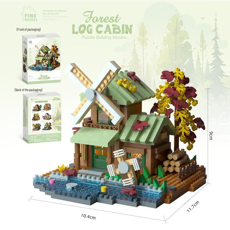 Forest Log Cabin & Windmill Treehouse Building Set - Compatible with LEGO, Educational Blocks for Kids