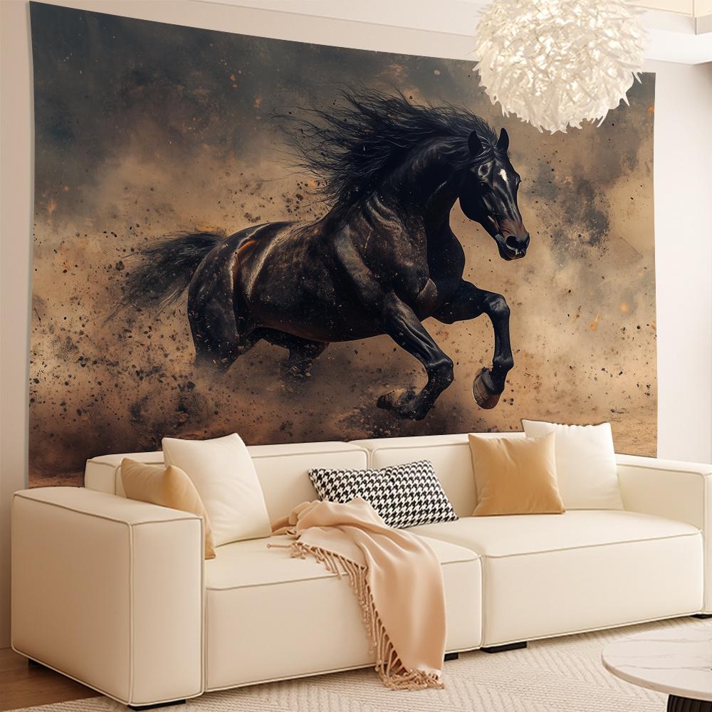 Majestueux Cheval Noir Tapisserie Murale, Étalon en Courbette Dans Tempête de Poussière, Décoration Animalière Dynamique Pour Salon 150x300cm59x118in