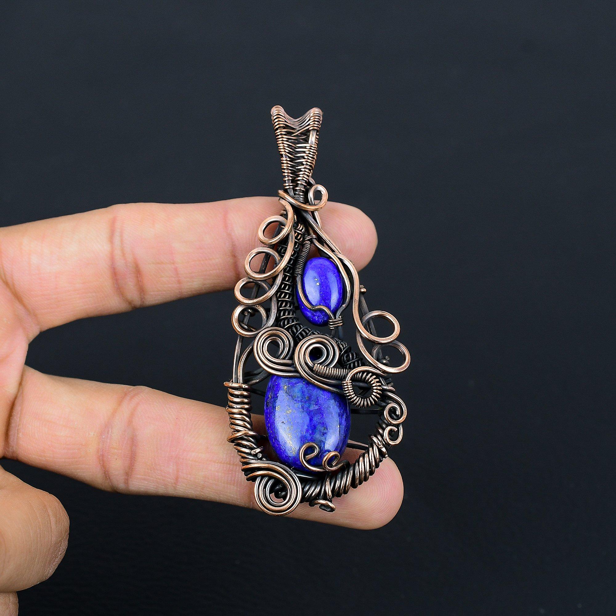 

Подвеска из лазурита, ювелирное изделие из драгоценного камня ручной работы, подвеска, обернутая медной проволокой 999 пробы, ювелирная подвеска уникального дизайна 2.55 Inches