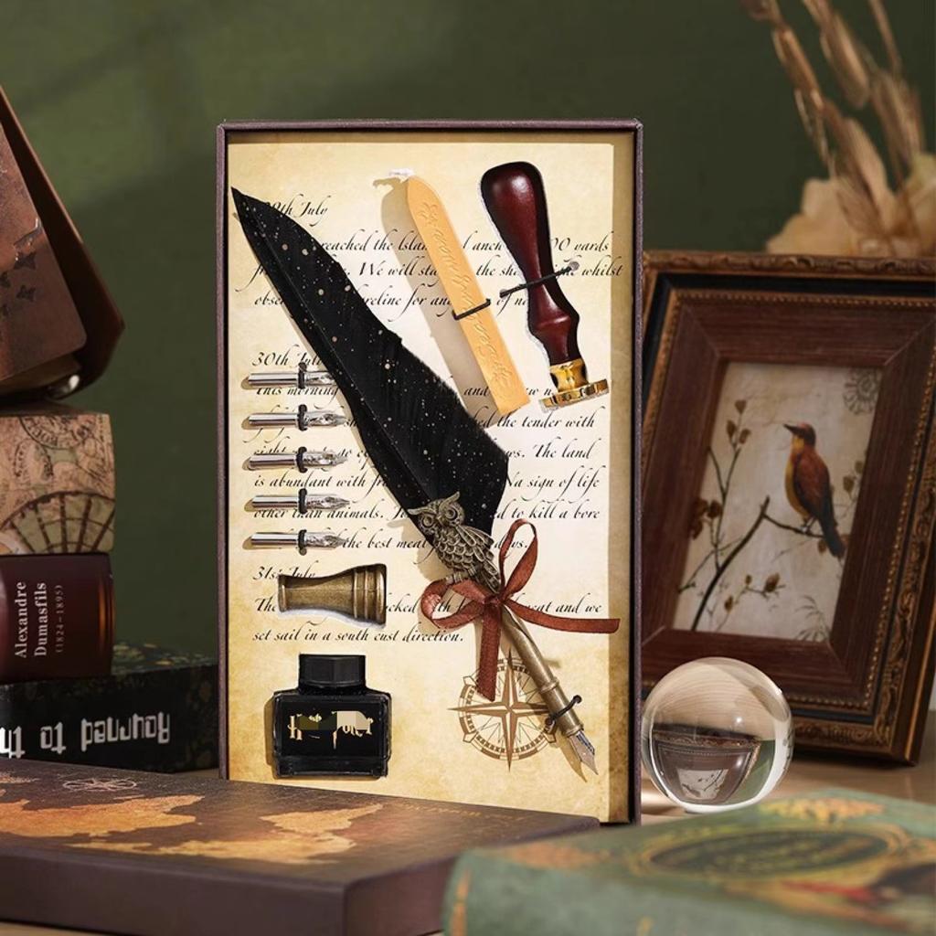 Veer Pen Uil Dip Pen Mechanische Tandwiel Inktzak Pen Geschenkdoos Verjaardagscadeau