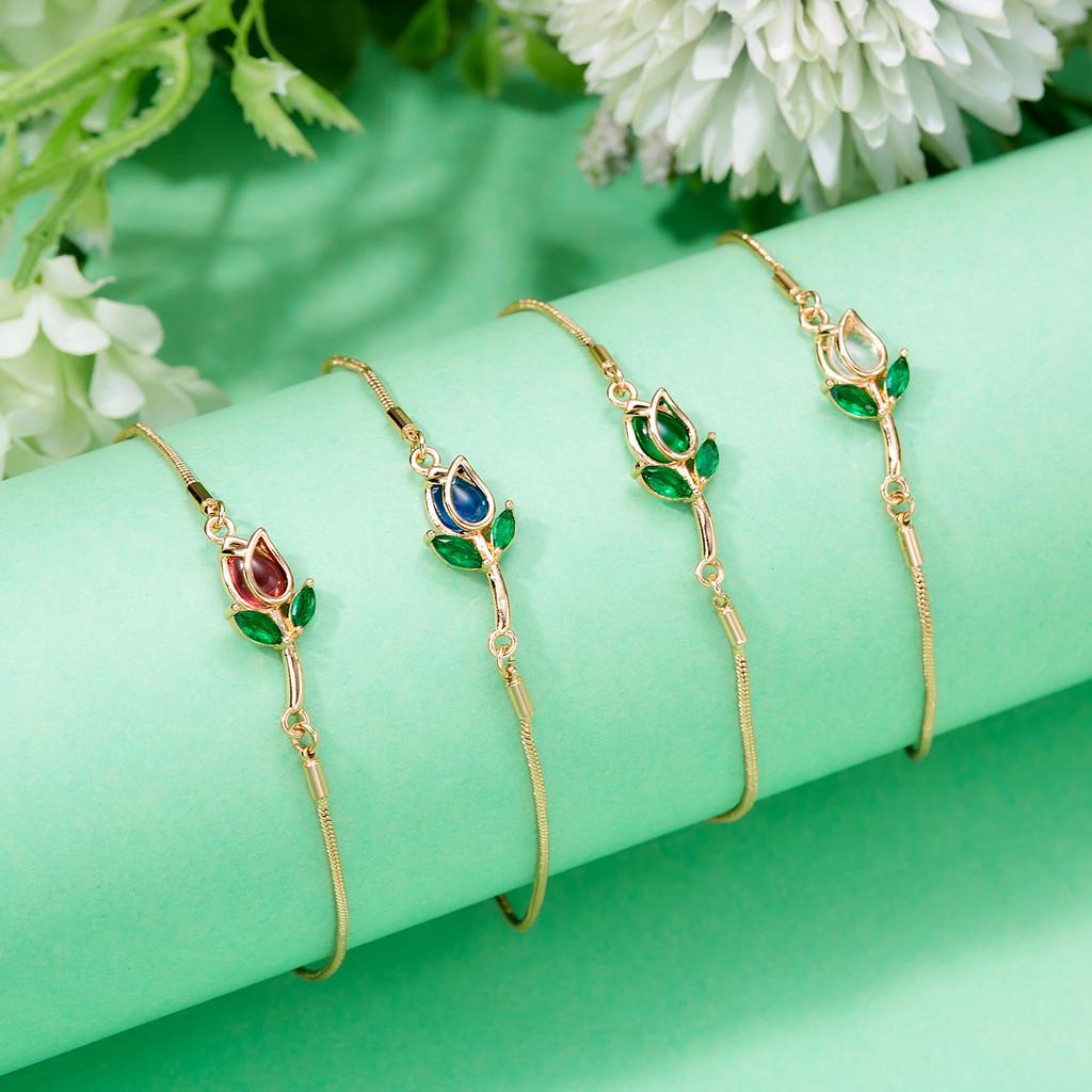 Elegant Tulip Flower Bracelet For Women With Copper Chain And Sparkling Stones