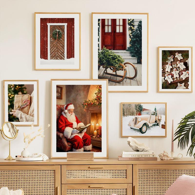 Santa Claus Christmas Tree Car Socks Gift Wall Art Canvas Painting Posters And Prints Wall Pictures For Living Room Home Decor