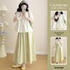2026 Stylish & Chic Apricot Doll Blouse with Round Neck + Fresh Green Midi Skirt