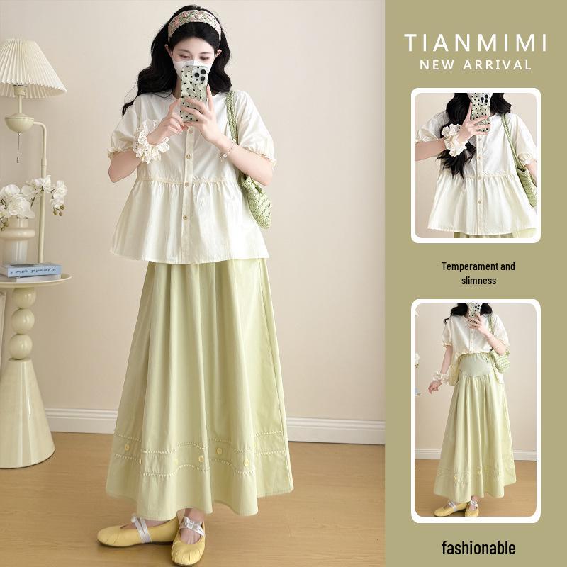 2026 Stylish & Chic Apricot Doll Blouse with Round Neck + Fresh Green Midi Skirt