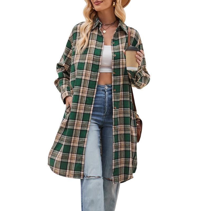 Giacca a vento lunga casual da donna autunnale e invernale, nuova, a quadri