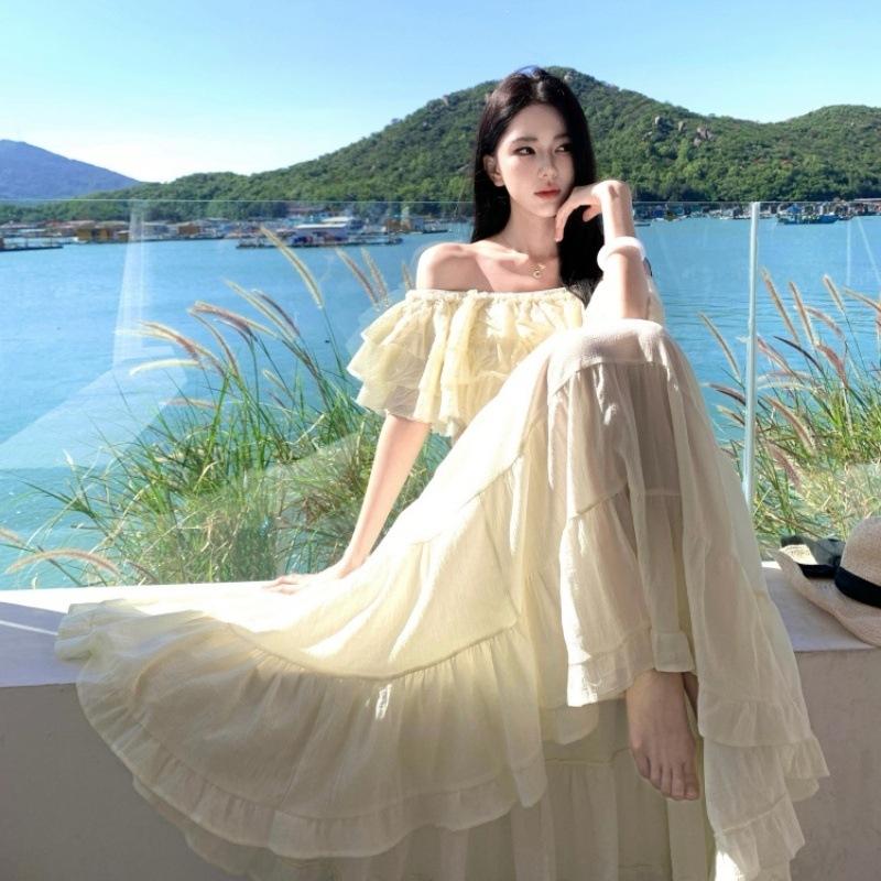 Bali Thailand travel vacation photo French one-word collar rough edge design top + large swing skirt two-piece set