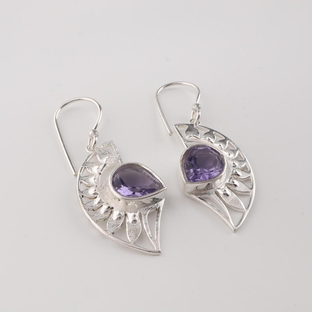 Natural Iolite Gemstone Silver Dangle Earrings 1.5", 925 Sterling Silver Jewelry, September Birth-Stone Jewelry, Iolite Earrings For Gift CE-26-8