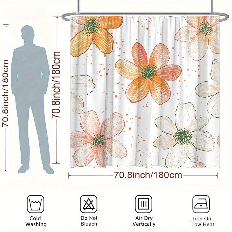 1pc Orange White Flowers Shower Curtain - Stylized Hand-Drawn Design, Polyester Bathtub Curtain with 12 Hooks, 70.8x70.8in