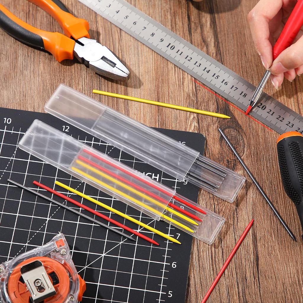 Hiboom 3 Pack Solid Carpenter Pencil with 21 Refill, Long Nosed Deep Hole Mechanical Pencil Marker with Built in Sharpener for Carpenter, Design