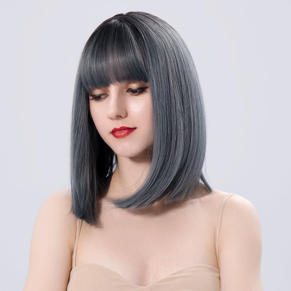 Bob Wig Straight Short Black To Blue Ombre Daily Synthetic Wigs For Women With Bangs Nutural  Heat Resistant Fiber Cosplay Hair
