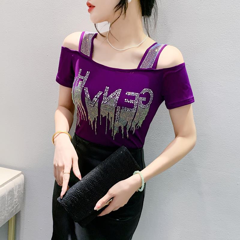 Vară 2024 Bluză cu straturi duble din mătase de gheață cu strasuri, cu umerii goi și spate gol