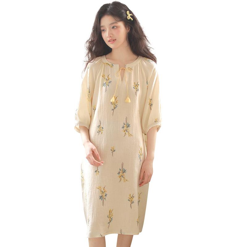Spring New Summer Thin Nightgown Women's Pure Cotton Double-layer Cotton Yarn Seven-quarter Sleeve Loose Large Size Medium and Long Skirt Can