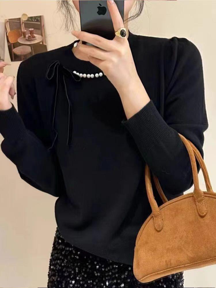 Autumn and winter new bow bead knitted sweater women's versatile solid color pullover soft waxy sweater top women