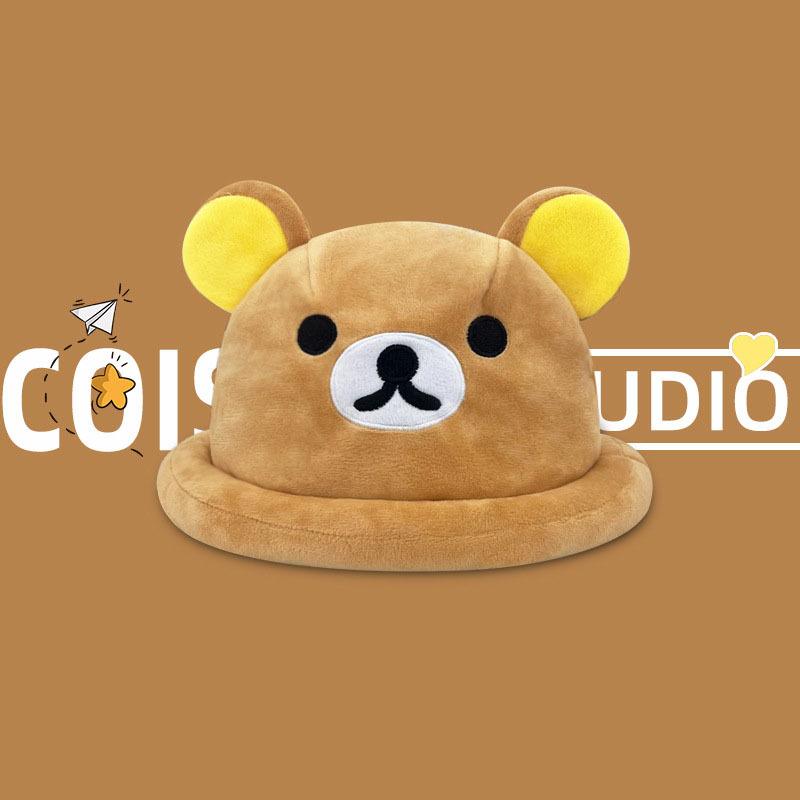 

Sweet and Cute Rilakkuma Plush Hat Winter Warm Cartoon Funny Little Brown Bear Head Cover Bucket Hat Free size