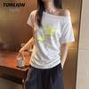 TonLion Damen Off-Shoulder T-Shirt mit Cartoon-Print