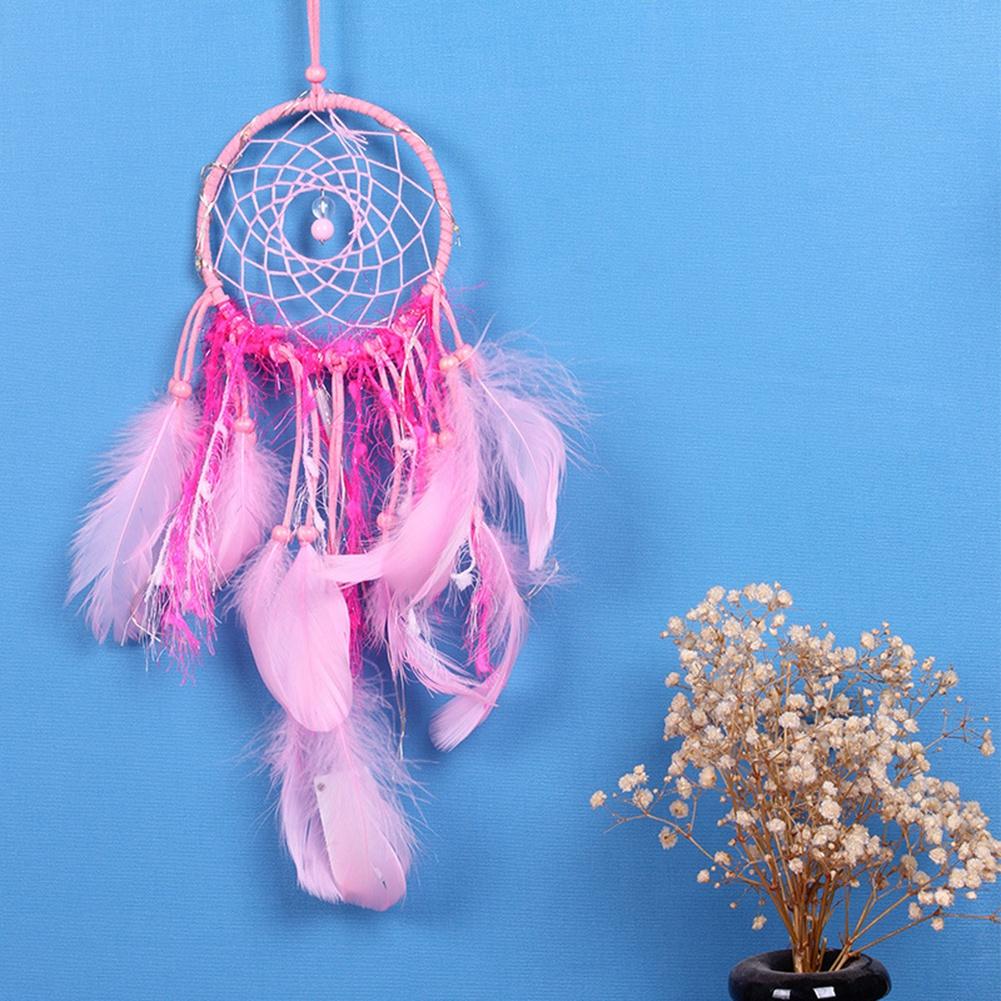 Wall Hanging Pink Feather Dreamcatcher Pendant Gift with Night Light for Home Party Decoration