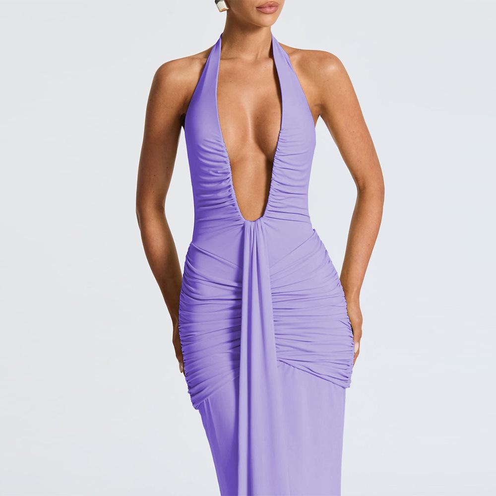 Elegant Halter Neck Deep V Waist-Cinching Long Fishtail Dress with Open Back and Flowing Ribbon