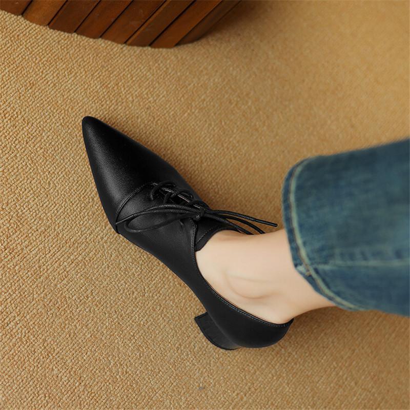 Fashion New Spring Split Leather Women Shoes Pointed Toe Women Pumps Chunky Heels Loafers Shoes for Women French Retro Lace Casual Shoes
