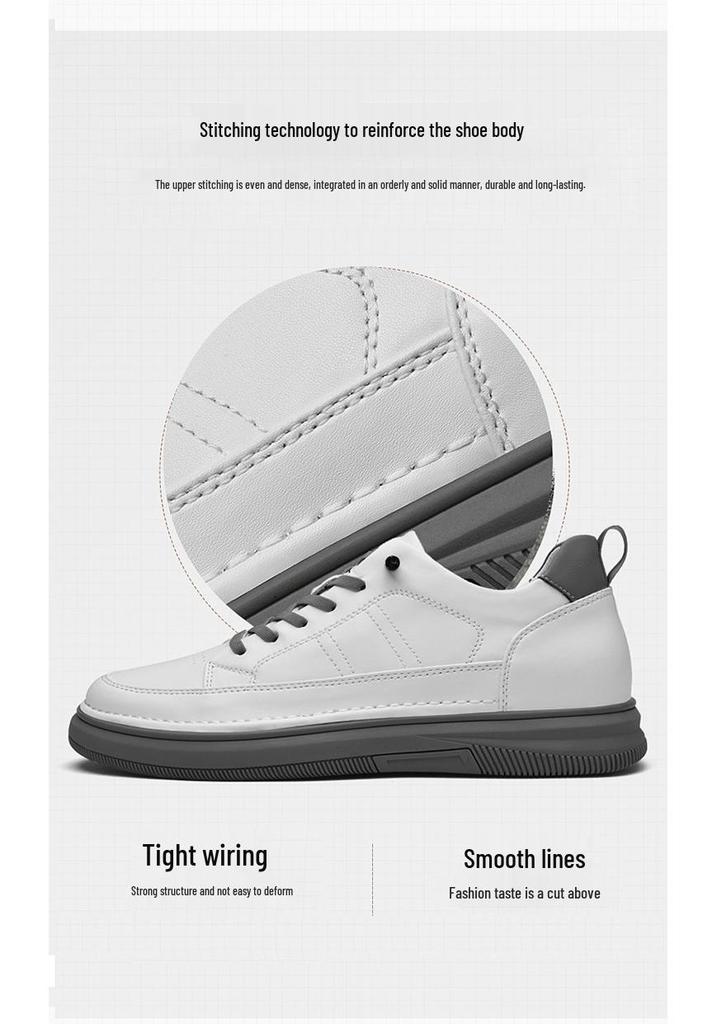 Men's Height-Increasing Platform Sneakers - Thick Sole, Cowhide White, Low-Top, Casual Sports Shoes for Spring