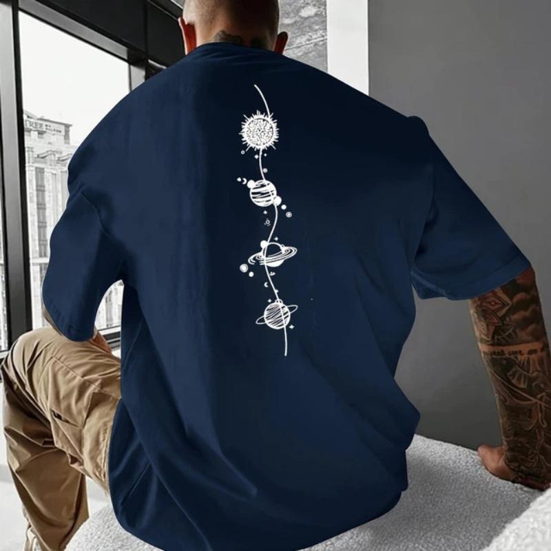 Men's Pure Cotton Summer Loose Size Planet Graphic Design Print Casual Comfortable Round Neck Short Sleeved T-shirt Top