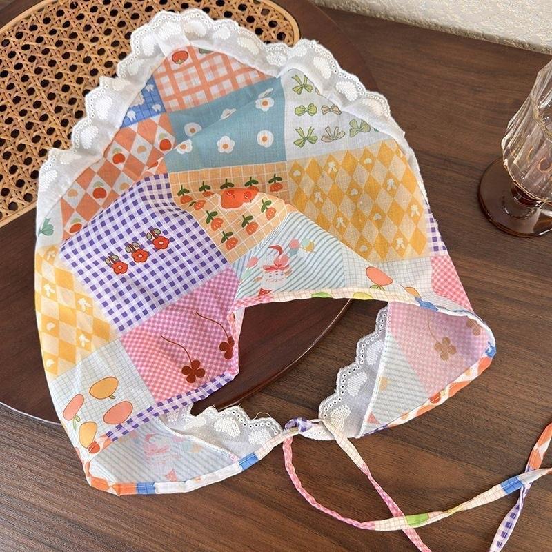 2025 Pastoral Style Lace Triangle Scarf & Plaid Ribbon Hairband