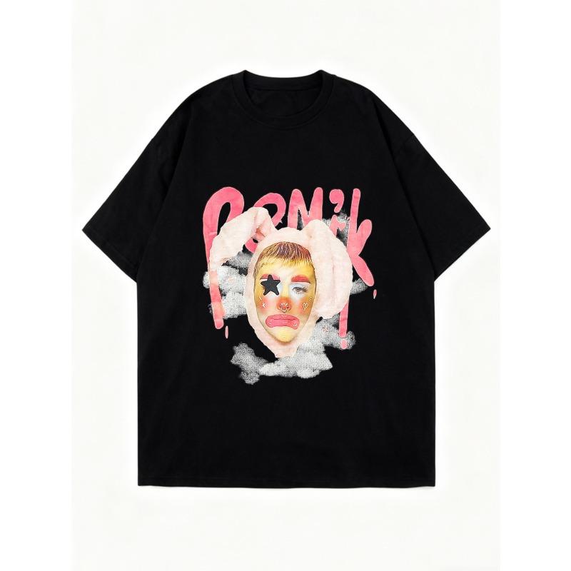 Oversized T-shirt Zwart Grafische Print met Gezicht en Tekst PORNik Casual Streetwear Fashion Statement Top voor Vrouwen