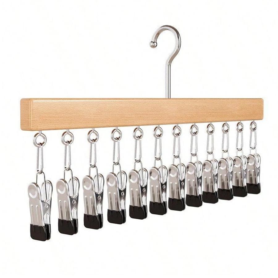 1 12clip Wooden Hat Hanger, Household Storage Rack for Underwear, Tie, Shirt, Scarf, Belt Etc, Bathroom, Bedroom, Wardrobe