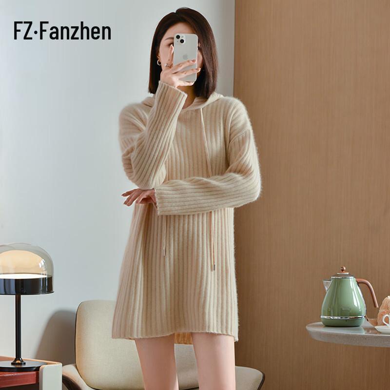 

FANZHEEN Women s Hooded 100% Wool Knit Midi Dress One Size