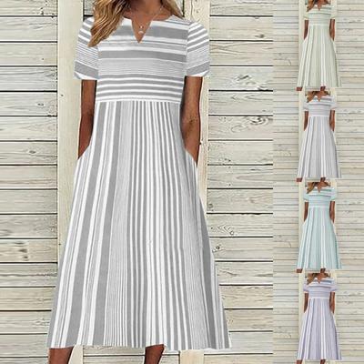 Moda damska Nieregularne paski z nadrukiem V-neck z krótkim rękawem i rozcięciem z kieszeniami