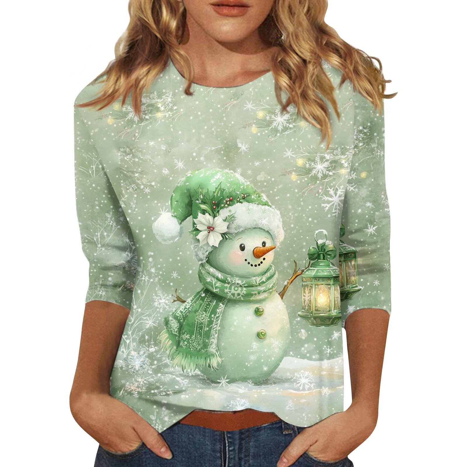 

Женская повседневная свободная футболка с круглым вырезом и рождественским принтом и рукавами три четверти L зелёный