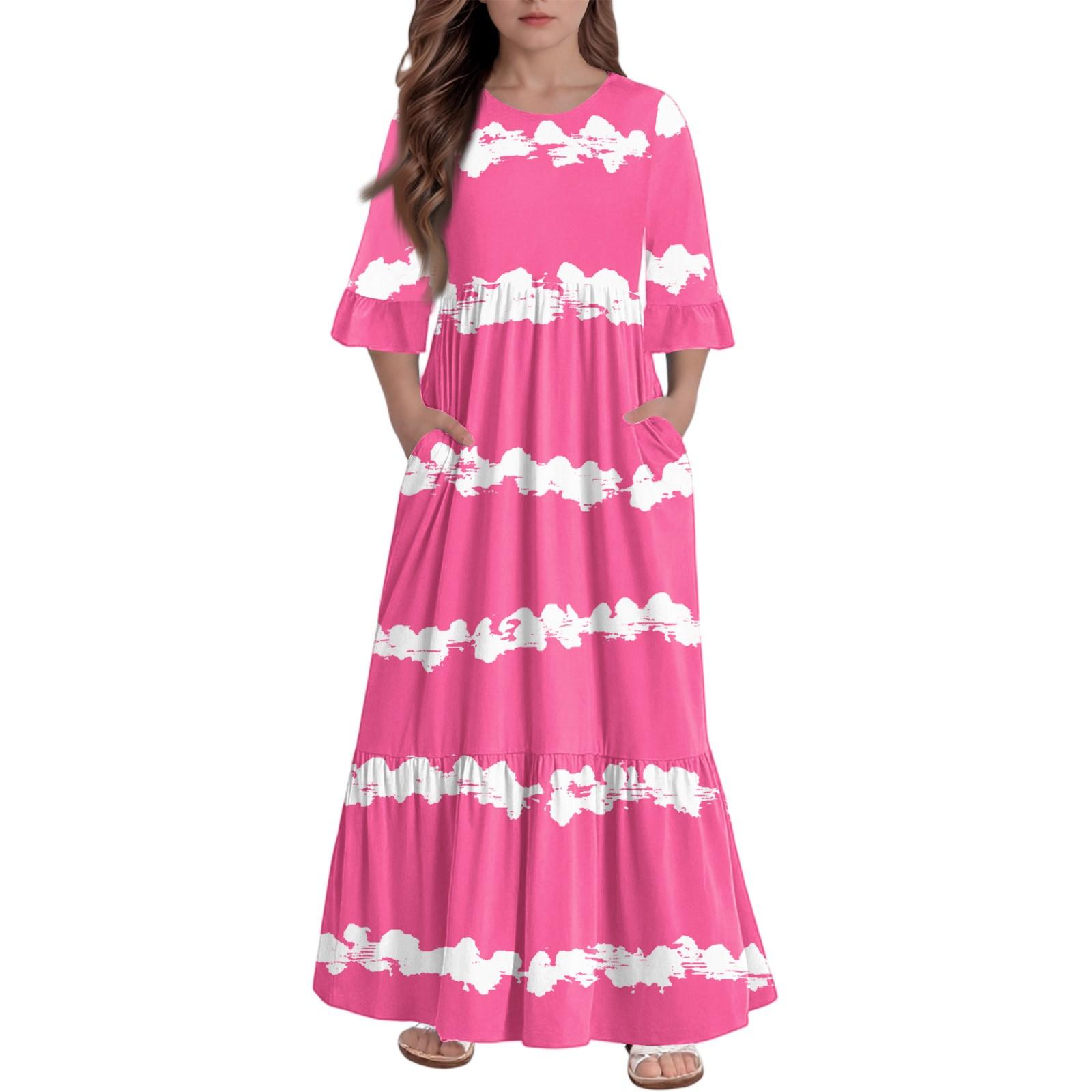 

Платье с многоярусными оборками для девочек - Макси с карманами, рукав 3/4 160 горячий розовый