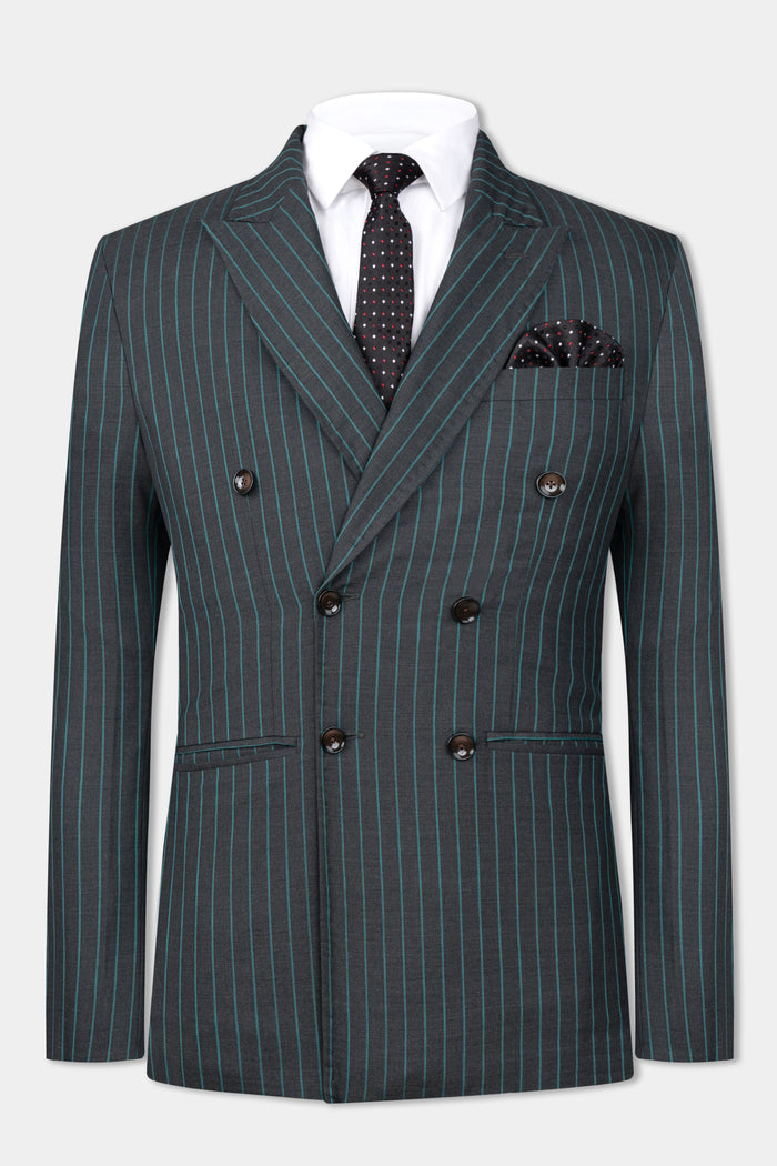 Шерстяной двубортный блейзер в полоску цвета «Гравийный серый» и «Лагунный синий» 40
