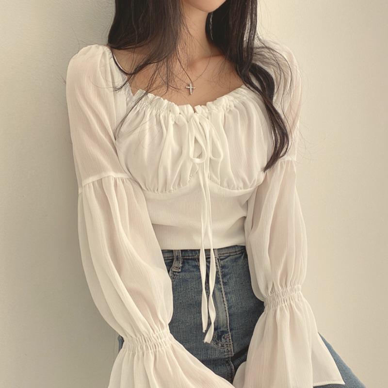 Korean Chic One-Shoulder Ruffled Puff Sleeve Chiffon Top