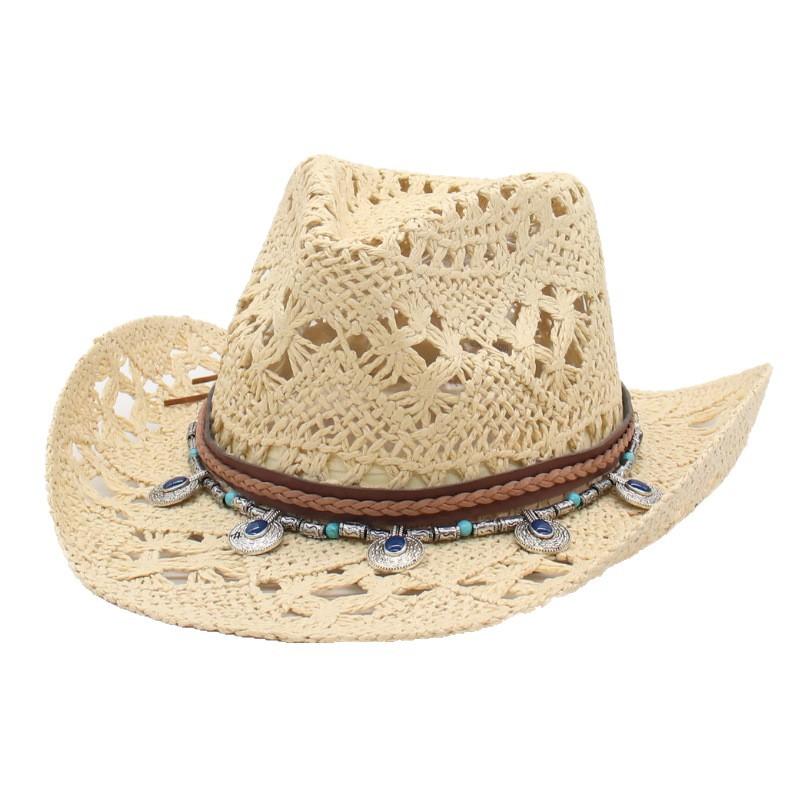 Spring And Summer New Hollow Cowboy Hat American Warped Edge Foreign Trade Hand-Woven Natural Grass Breathable Cool Jazz Top Hat