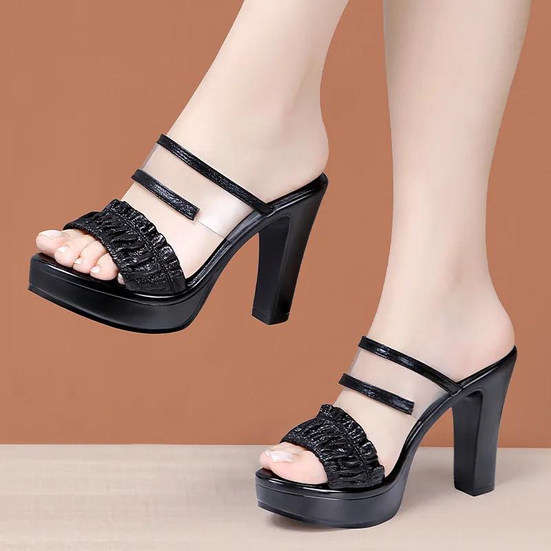 

8см 10см Маленький Размер 32-43 Удобные Элегантные Прозрачные Кожаные Шлепанцы 2025 Лето Блочный Высокий Каблук Слайды Обувь на Платформе Офис 42