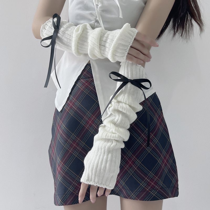 

Bows Oversleeves Half Finger Gloves Female Knitting Wool Female Sweet JK Young Adult Lolita Oversleeve Arm Sleeve White + black knot One size