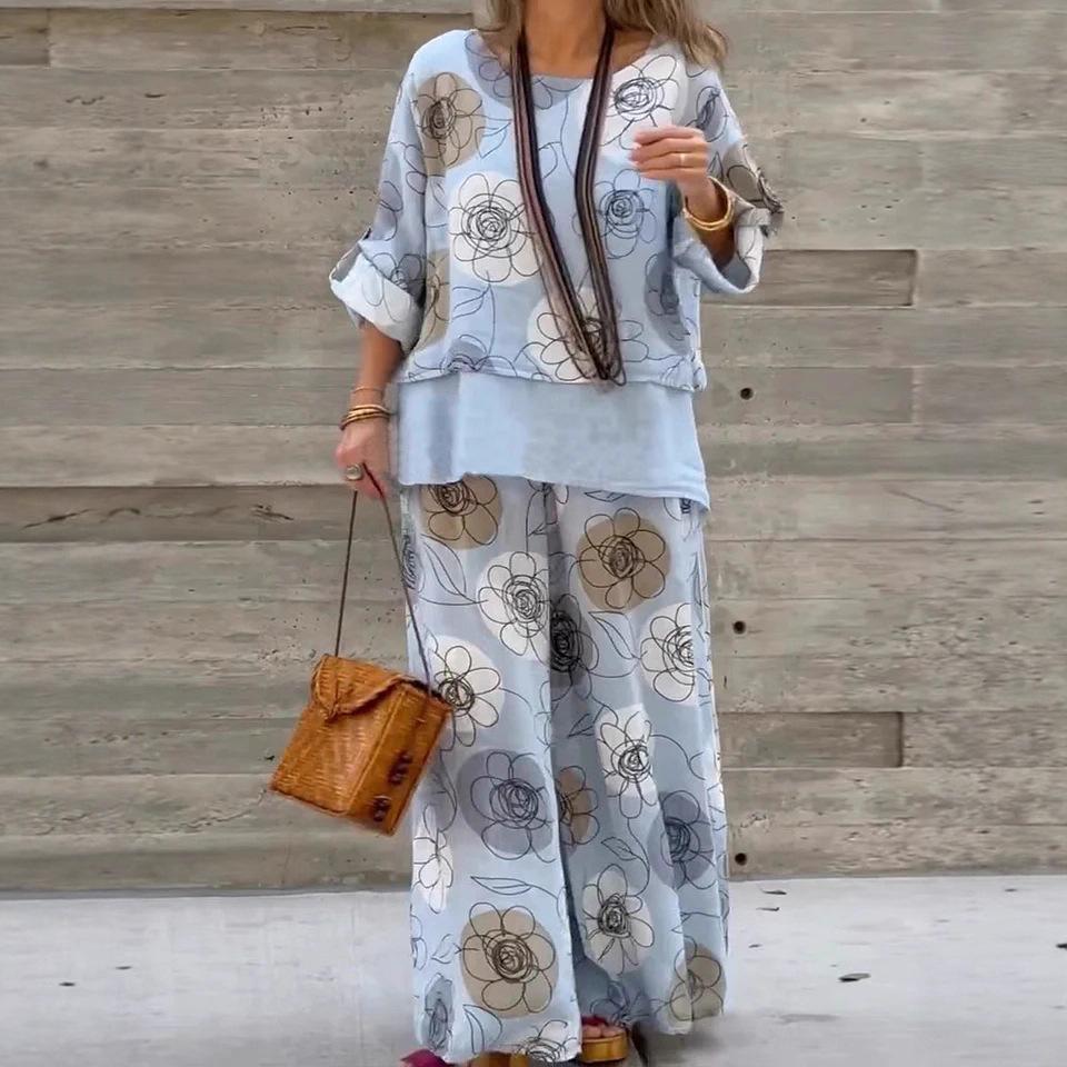 Autumn New Collection of Women's Round-neck Printed Fashionable Casual Two-piece Loose Trousers