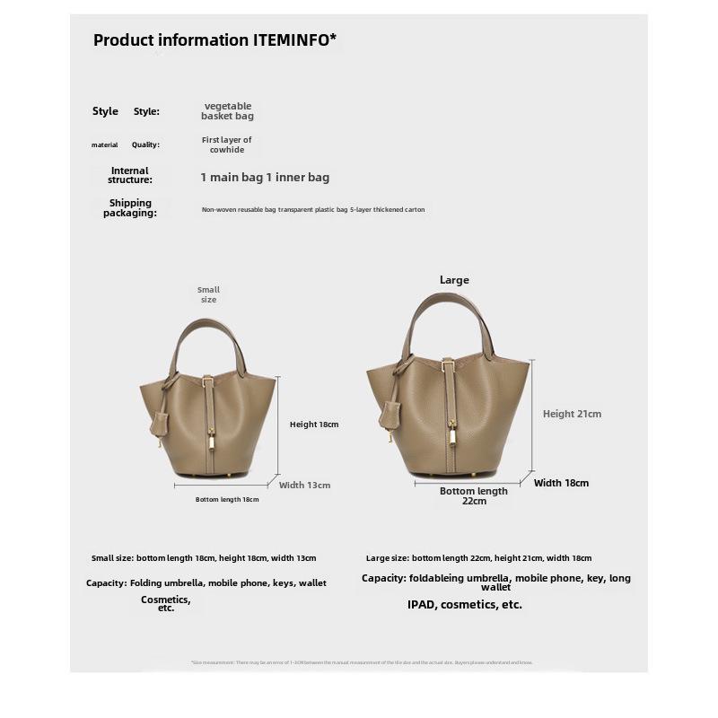 High-End Genuine Cowhide Leather Bucket Handbag