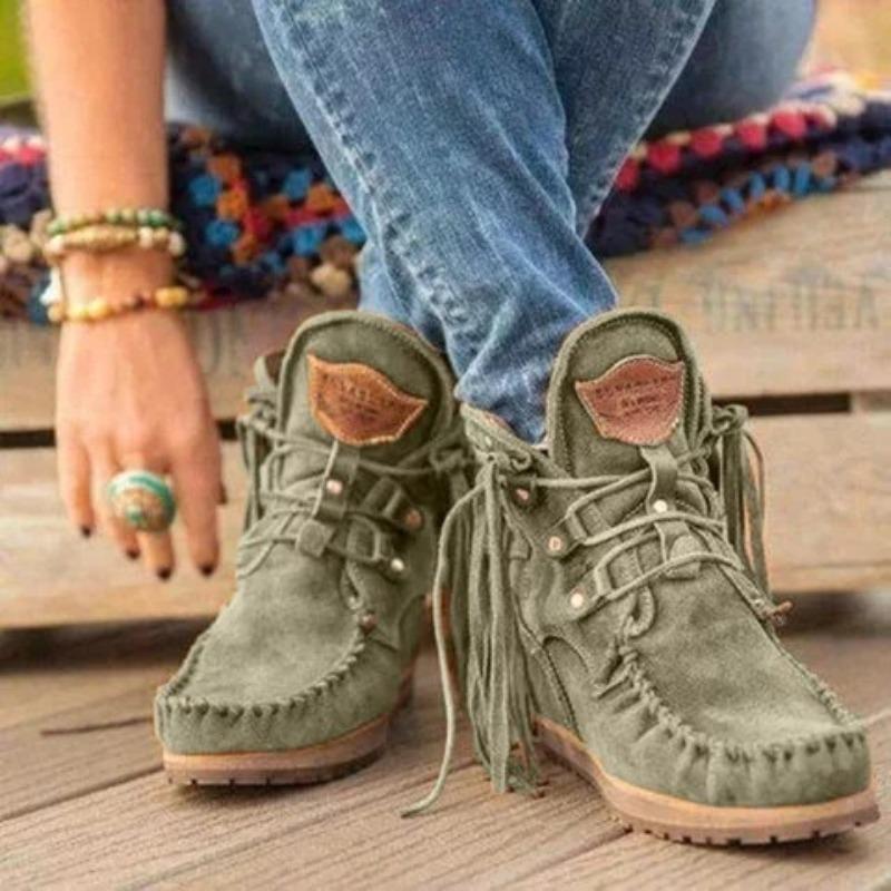 Women's Winter Thick-Soled Fringe Lace-Up Short Boots.