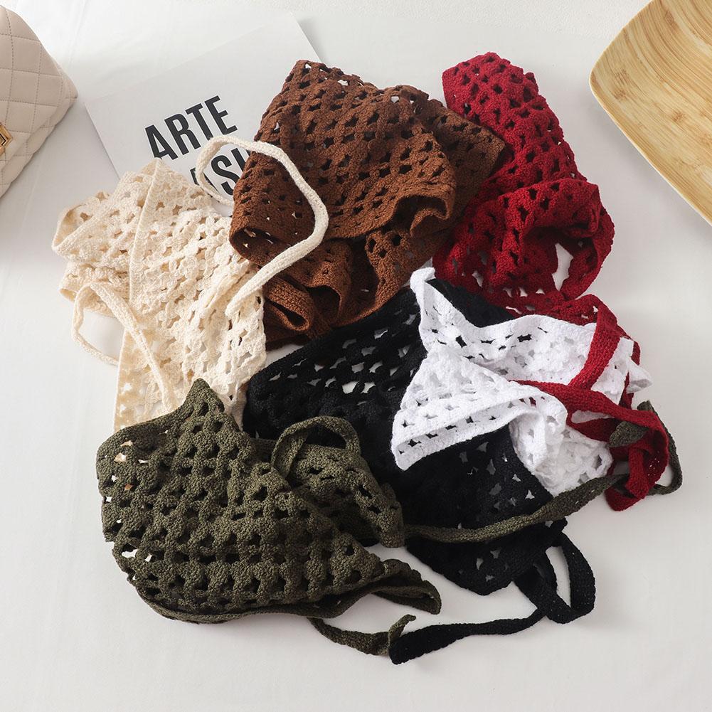 New Korean Style KFashion Hollow Out Knitted Triangular Bandanas For Women Head Wrap Kerchief Handmade Crochet Headscarf Triangle Scarf