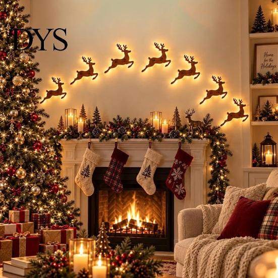 Easy Install Christmas Entryway Decor 7Pcs Wooden Silhouette Lights with Warm Backlight, LED Reindeer Lighted Winter Scene for Living Room Santa