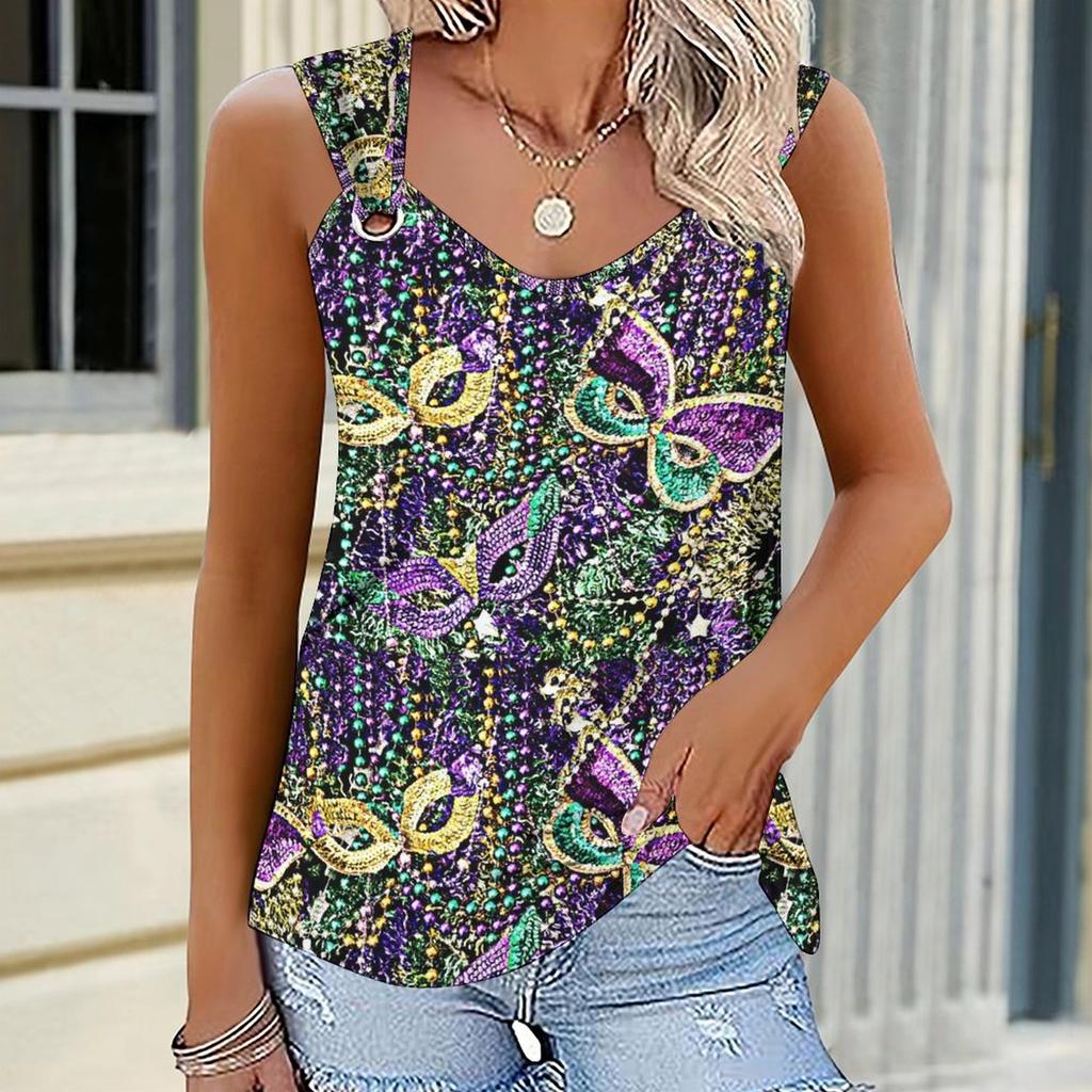 Ladies' Outdoor Casual Sports Double Loop Buckle Vest with Four-leaf Clover Print Pattern ,V-neck, Sleeveless, Medium Stretch Fabric