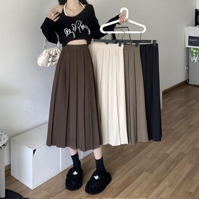 Dlouhá skládaná sukně Dámské Vintage Korejská Móda Pevný Vysoký Pas Midi Sukně Školka Elegantní Ležérní Podzim
