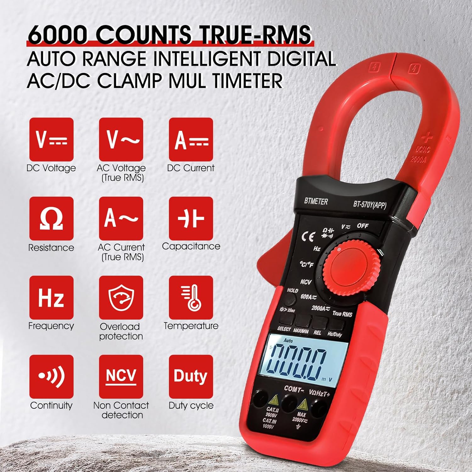 

Digital Clamp Meter 6000 Counts Bluetooth Multimeter 2000A AC/DC Amp Tester Voltage Ohms Capacitance Frequency Temperature NCV D United States