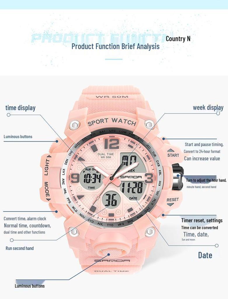 Sanda Fashion Dual Display Men's and Women's Waterproof Luminous Sports Watch