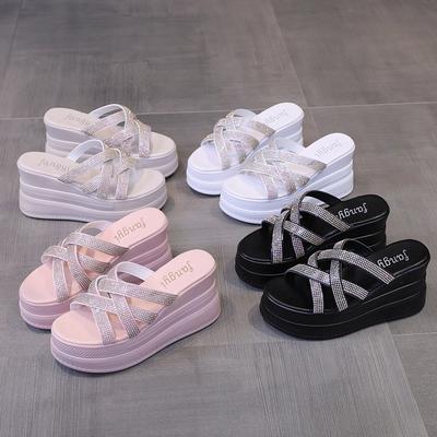 Fashion Rhinestone Slope Heel Waterproof Table High Heel Cool Slippers Women's Shoes