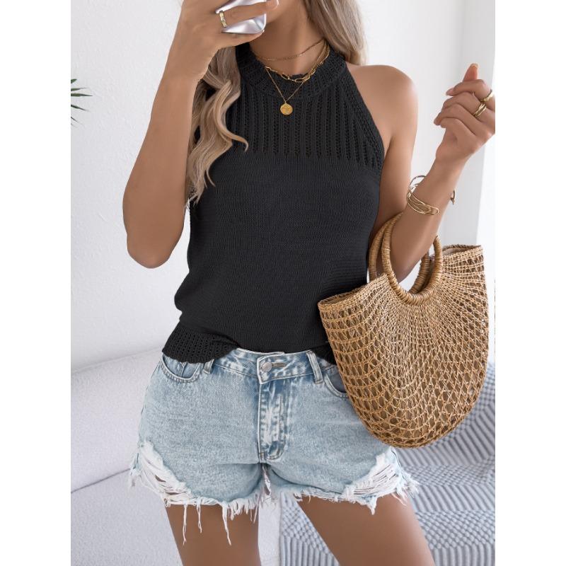 2025 Spring and Summer Sleeveless Knitted Women Sweater Casual Solid Color Tank Tops Slim Fit Office Simple Hollow Out Vacation Top Women's Clothing