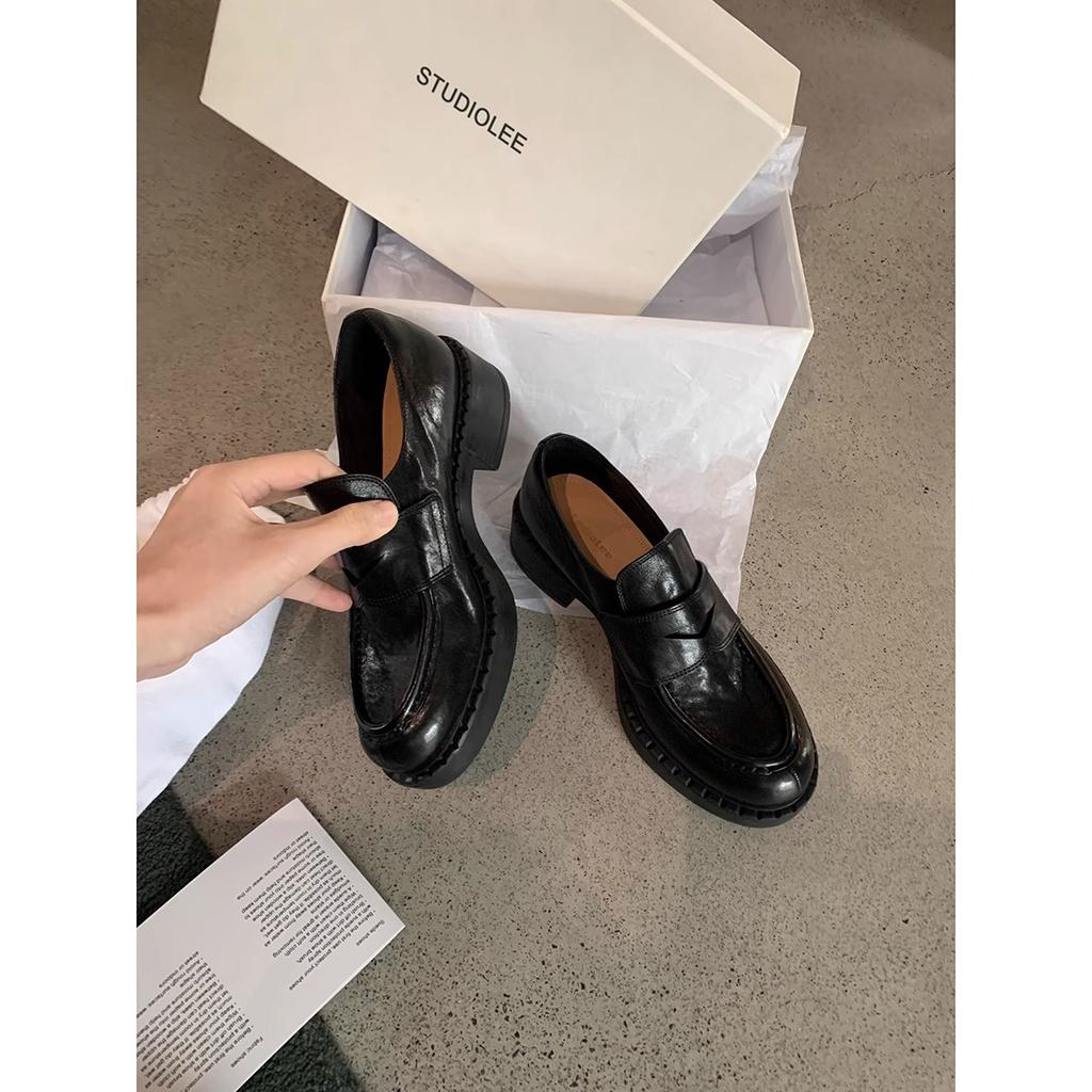 Rindslederversion~ Retro Ein-Pedal Einzelne Schuhe Dicke Ferse Damen Leder Kleine Lederschuhe